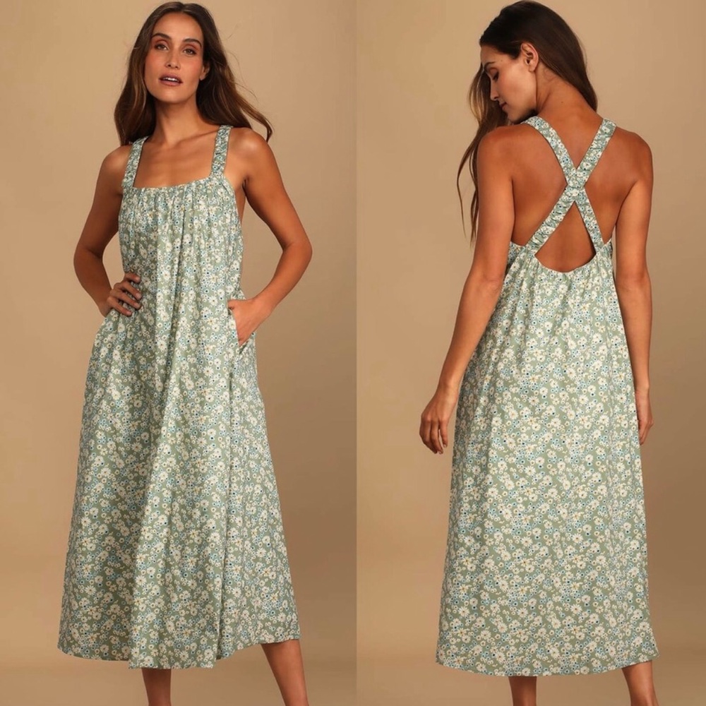 Lulu's Among the Meadow Sage Green Floral Print Midi Dress